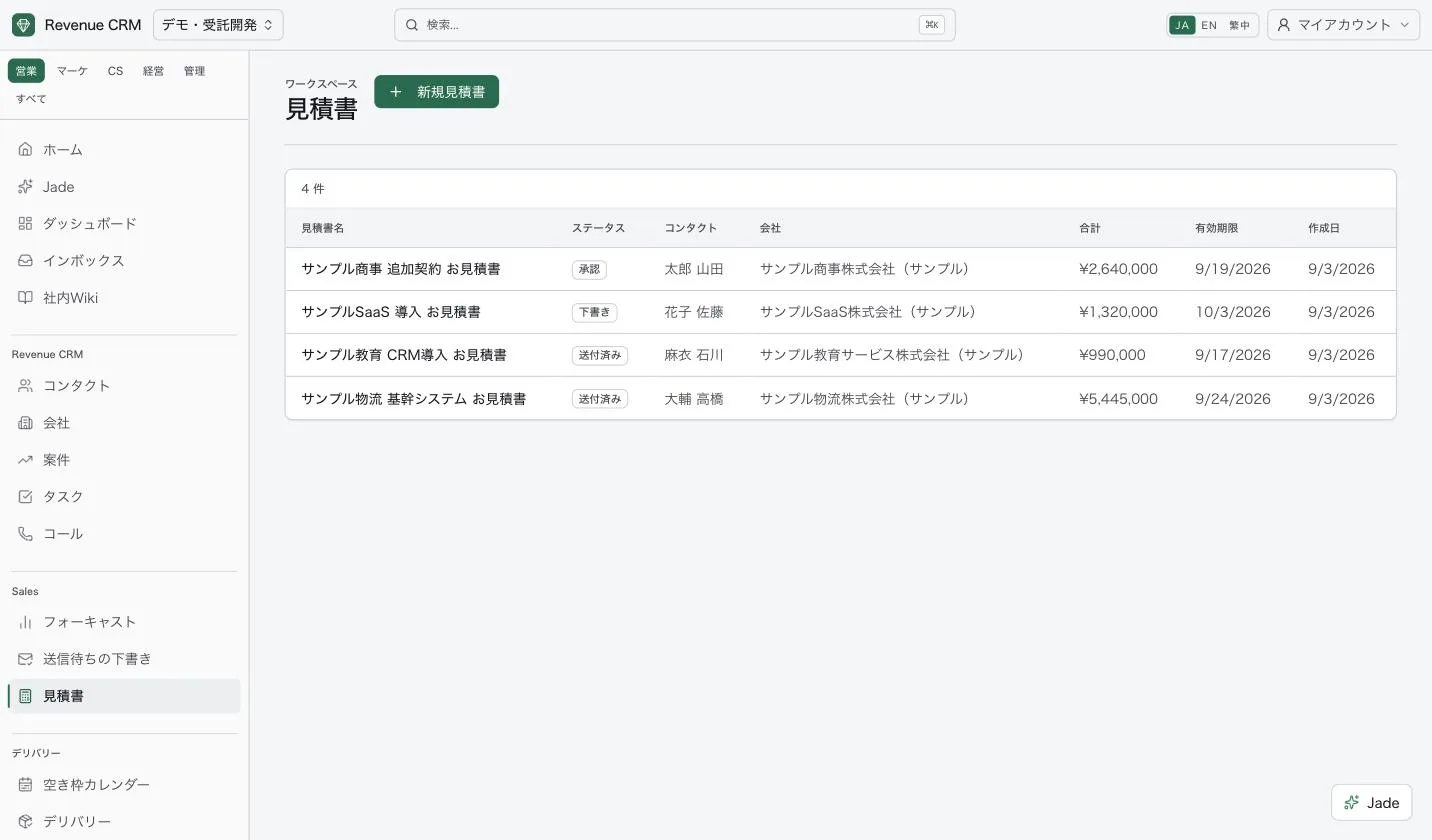 見積書の一覧画面。4件の見積が、承認・下書き・送付済みのステータスバッジ、コンタクト、会社、合計金額、有効期限つきで並んでいる。