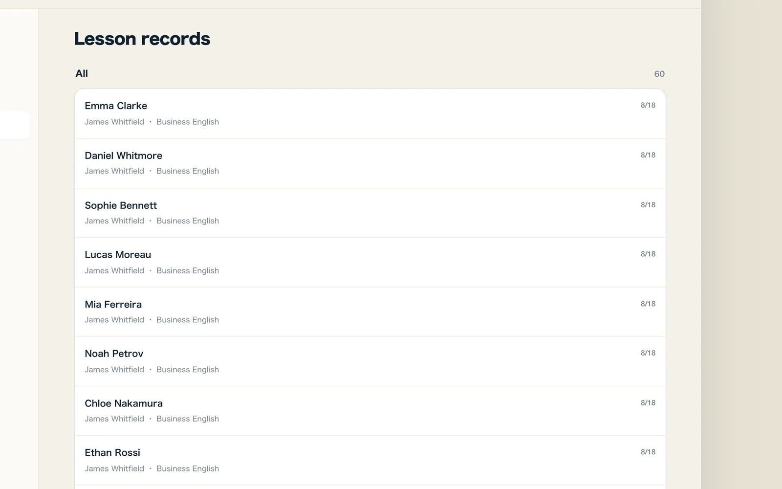 Lesson history listing student name, assigned coach, course, and date in chronological order.