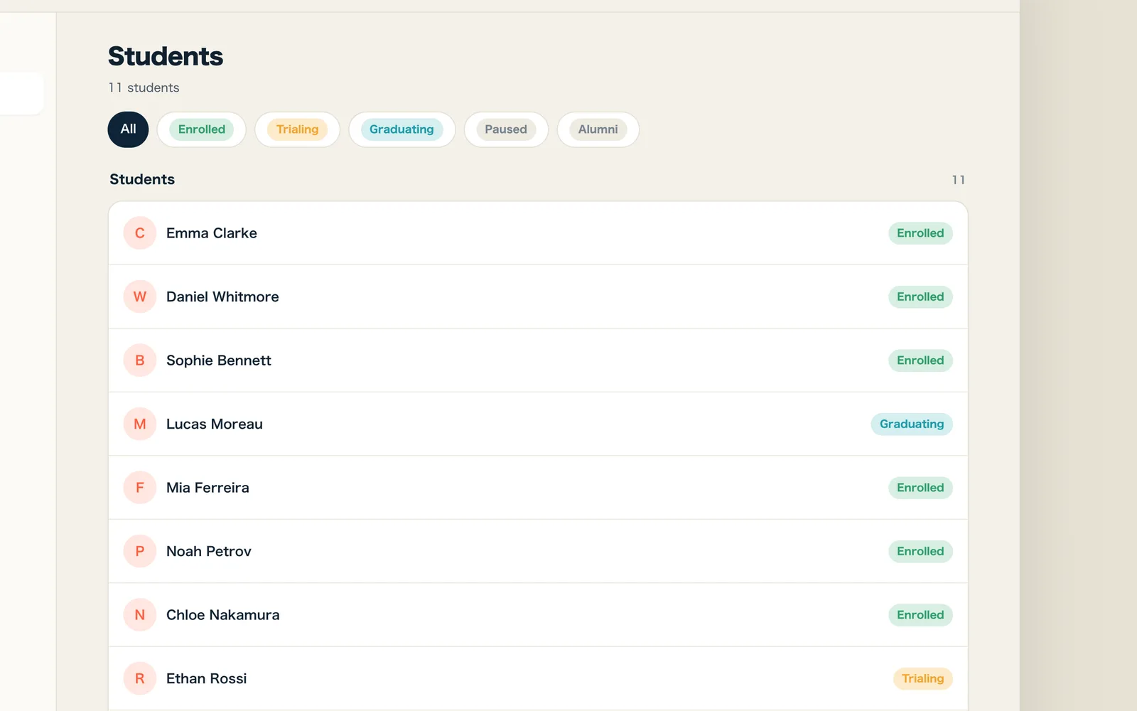The student list, filtered by enrolled, trialing, near graduation, on hold, and graduated, with a status badge on each student.
