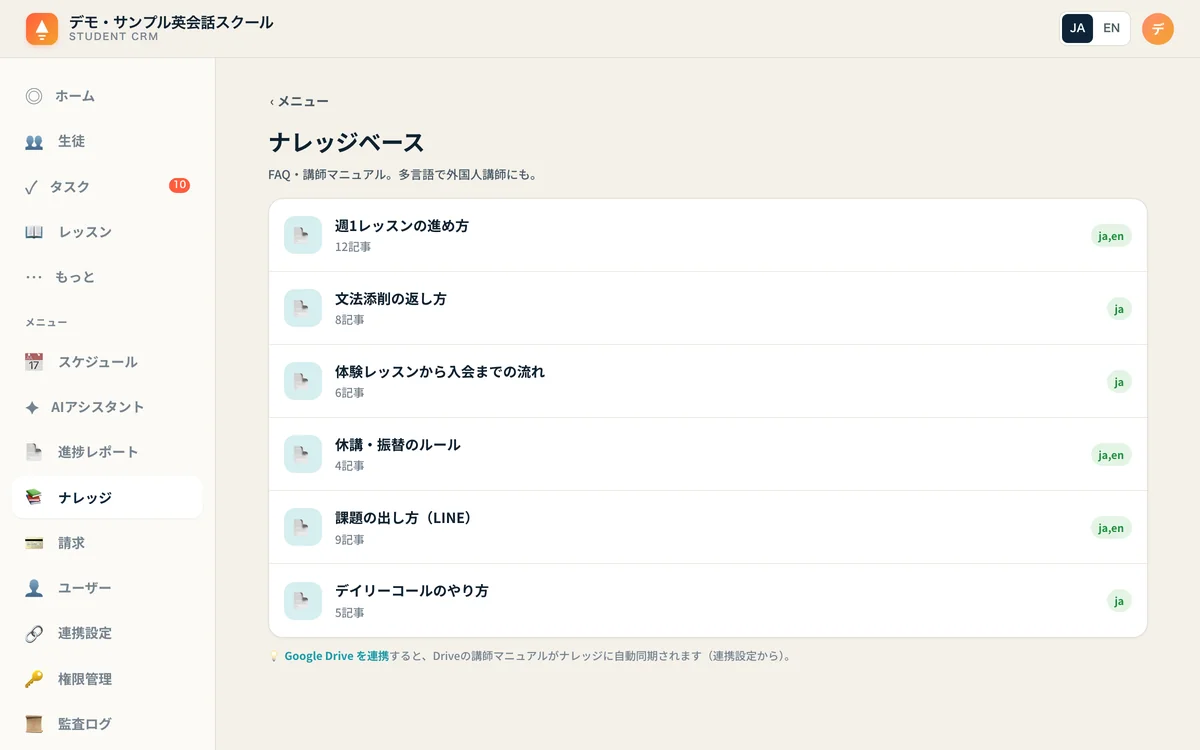 ナレッジベースの画面。週1レッスンの進め方、文法添削の返し方、休講・振替のルールなどの記事一覧。