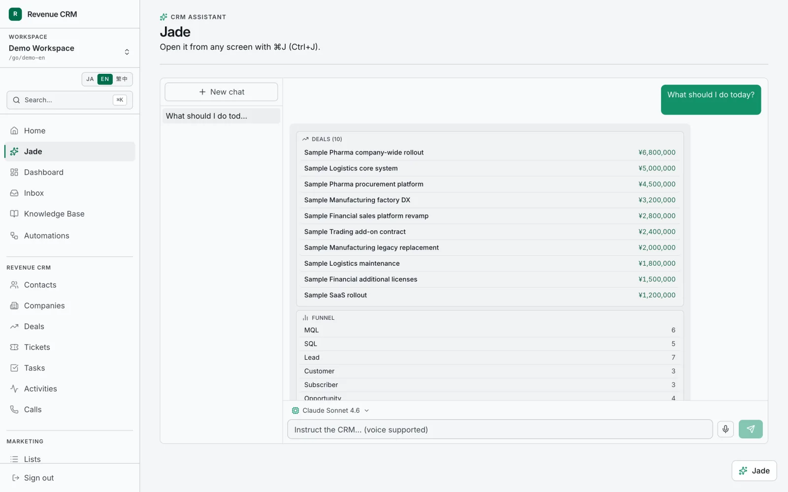 Jade, the AI agent, answering the question "What should I do today?" with a funnel breakdown and a table of ten open deals.