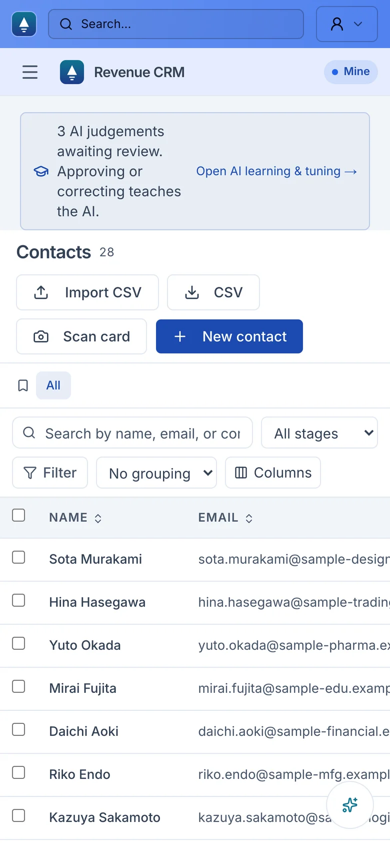The Revenue CRM contact list opened on a smartphone