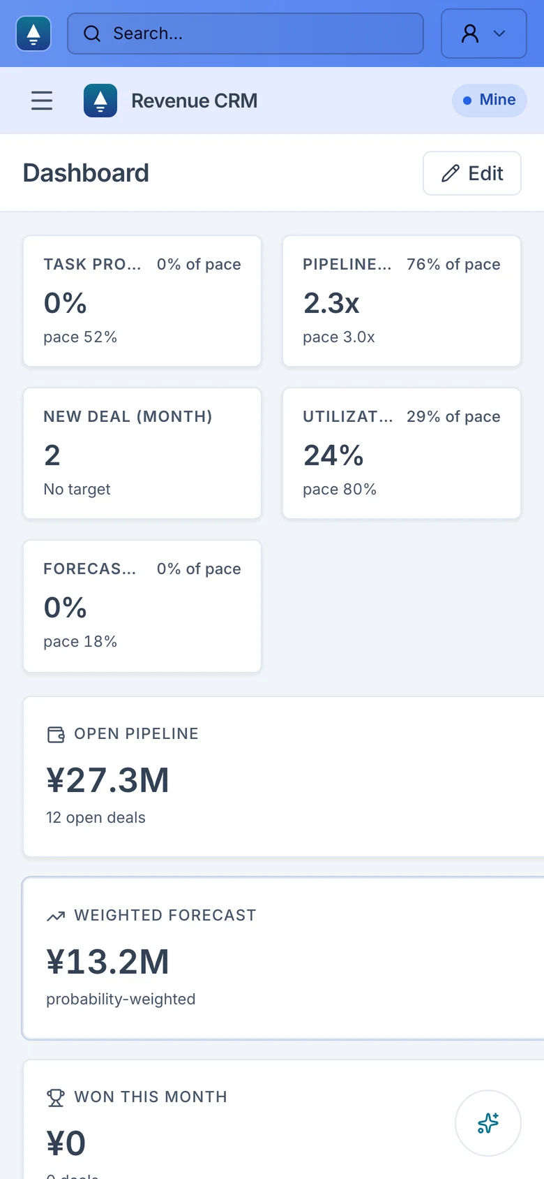 The Revenue CRM dashboard opened on a smartphone