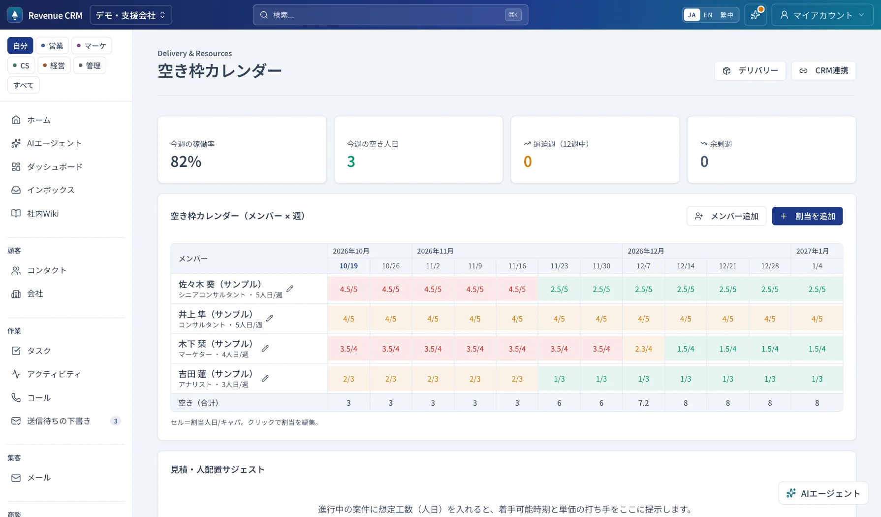 The capacity calendar (Japanese demo data): 82% utilization, 3 free person-days this week, and a 12-week grid for four consultants. The senior consultant is booked 4.5 of 5 days.